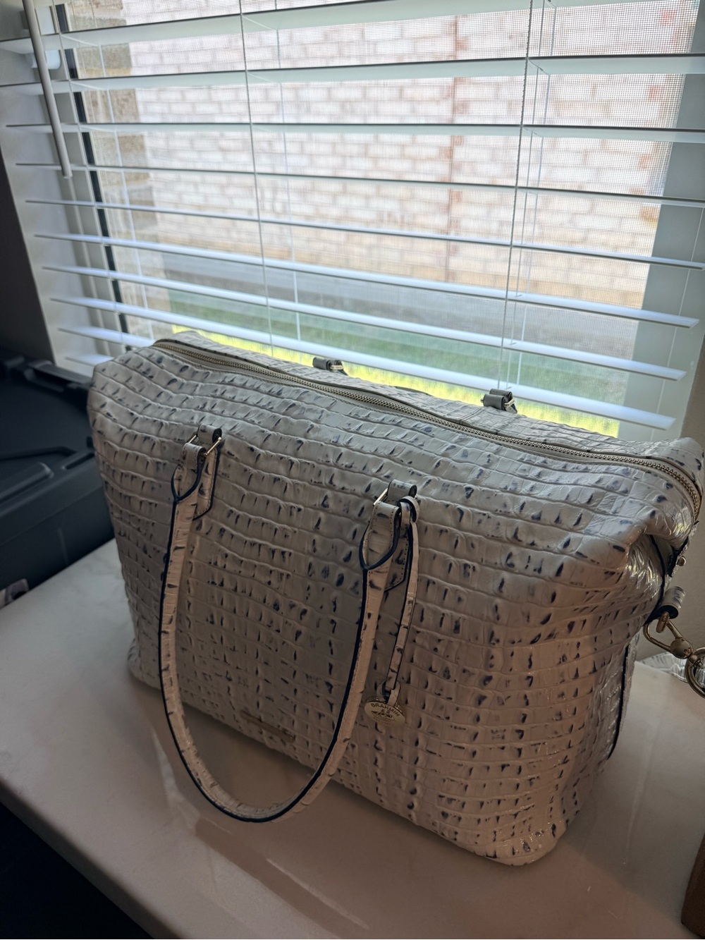 Brahmin Weekender Cream Croc-Embossed Travel Tote with Navy Trim - Picture 3 of 3